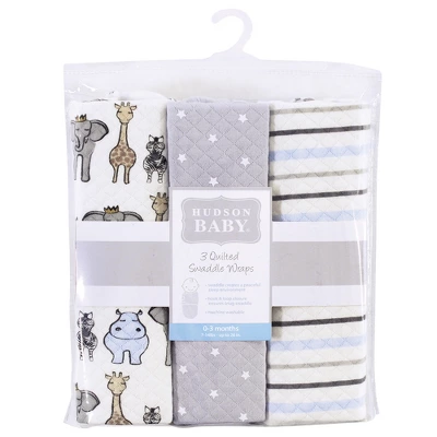 Hudson Baby Infant Boy Quilted Cotton Swaddle Wrap 3pk, Royal Safari, 0-3 Months 1 Hudson Baby Infant Boy Quilted Cotton Swaddle Wrap 3pk, Royal Safari, 0-3 Months