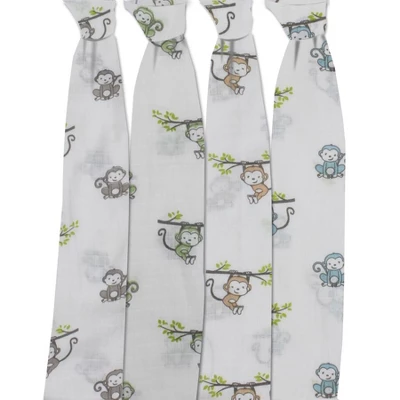 Bacati - Happy Monkeys Blue/Green/Gray Boys Muslin Swaddling Blankets Set Of 4 2 Bacati - Happy Monkeys Blue/Green/Gray Boys Muslin Swaddling Blankets Set Of 4 - Image 2