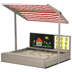Outsunny Kids Sandbox With Adjustable Canopy, Bench Seats Wooden Sandbox, Backyard Toy With Chalkboard, Tic Tac Toe Game, Gift For Ages 3-7 -Baby Trend Sales Store GUEST 73029c2a cdb9 45b8 87fd 4a472da17c54