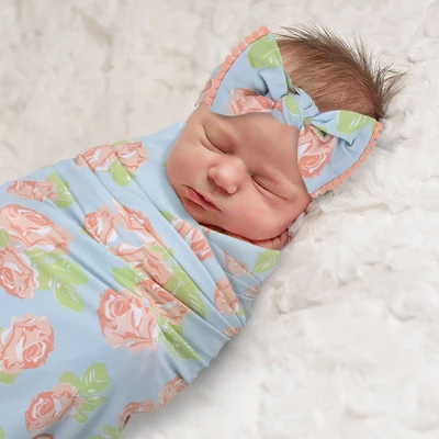 Baby Essentials Floral Swaddle Blanket And Headband Set 2 Baby Essentials Floral Swaddle Blanket And Headband Set - Image 2