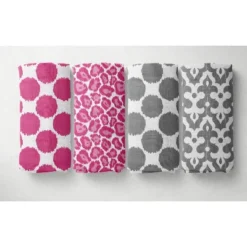 Bacati - Ikat Dots Leopard Pink Grey Girls 10 Pc Crib Set With Long Rail Guard Cover & 4 Muslin Swaddling Blankets